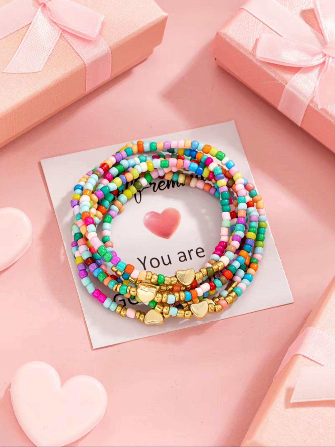 Colorful Rainbow Beaded Bracelet Set with Gold Heart Charm | Y2K Aesthetic Stackable Bracelets for Women | Summer Beach Friendship Jewelry Gift