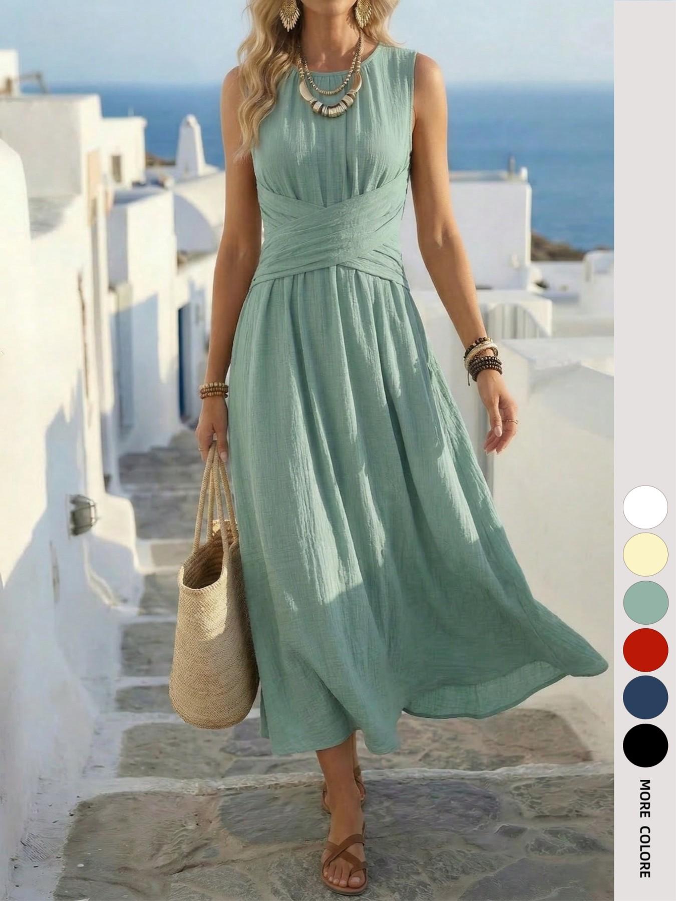 Boho Style Lightweight Sleeveless Midi Dress, Loose Fit Casual Daily Wear, Summer Women's Dress