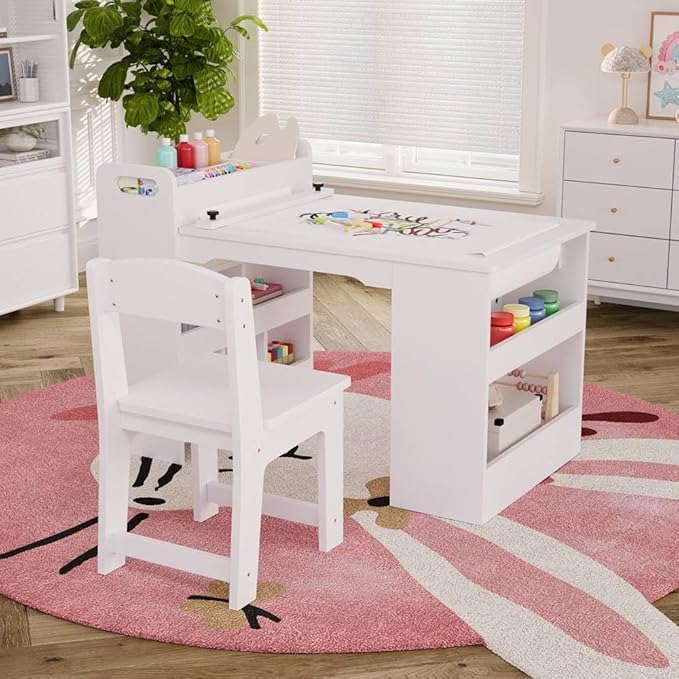 49" Art Table, Large Craft Table with 2 Chairs, Multi-Functional Art Desk with Storage Shelves for  Playroom,School