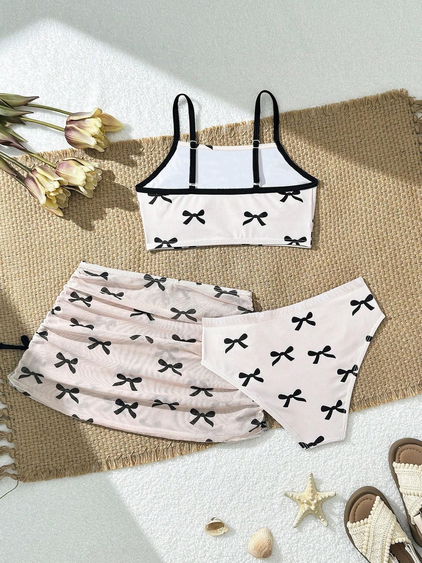 Three-Piece Girl Print Swimsuit Set, Summer Swimwear, Boho Style, Cute Kids Beach Resort, Perfect for Girls' Summer Vacation