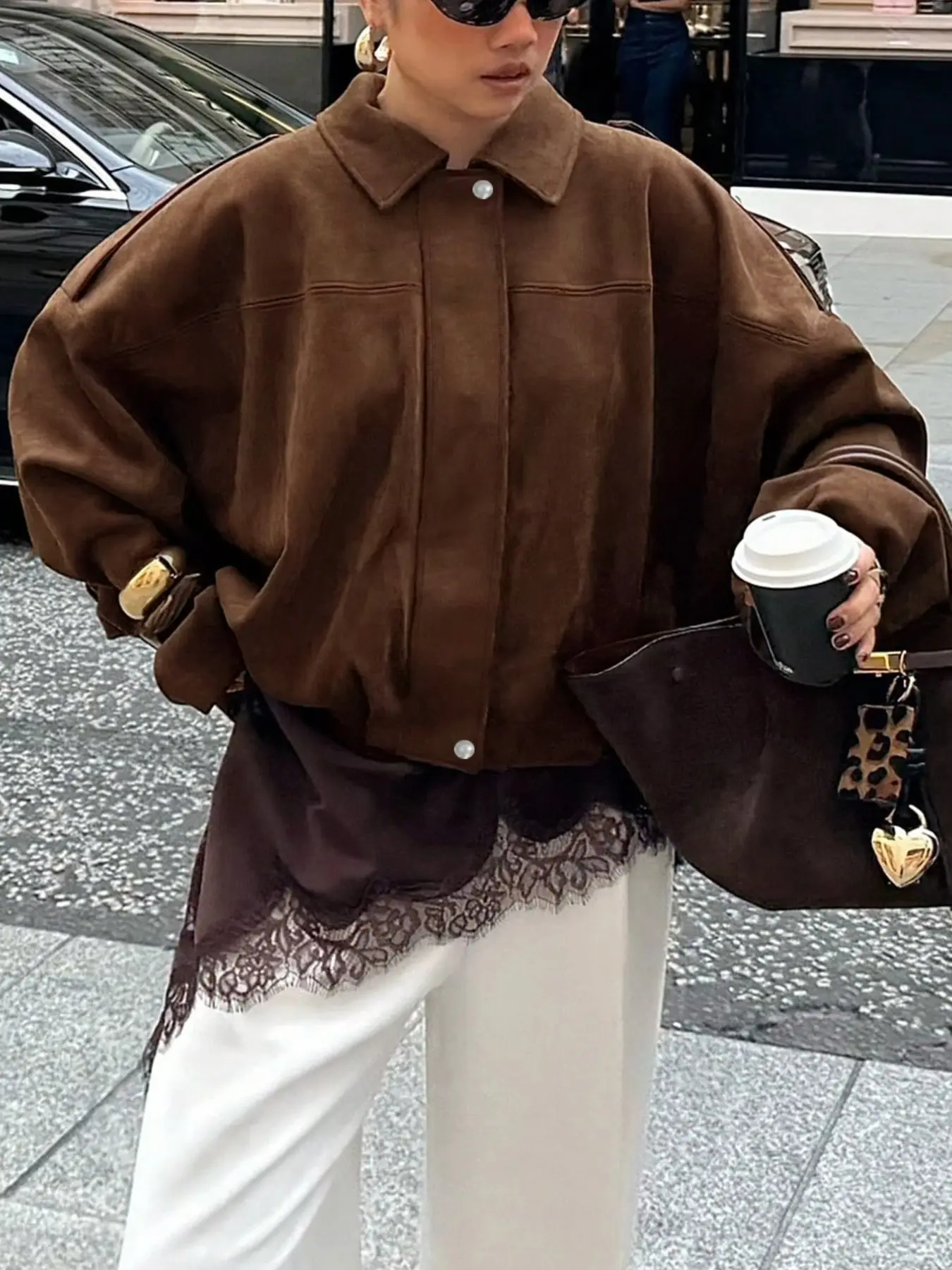 Women Lapel Collar Oversized Cropped Jacket, Loose Fashion Jacket, Snap Button Front Drop‑Shoulder Long Sleeve Outerwear, Seam Detail Boxy, Vintage Streetwear, Versatile Layering for Daily Casual Occasions