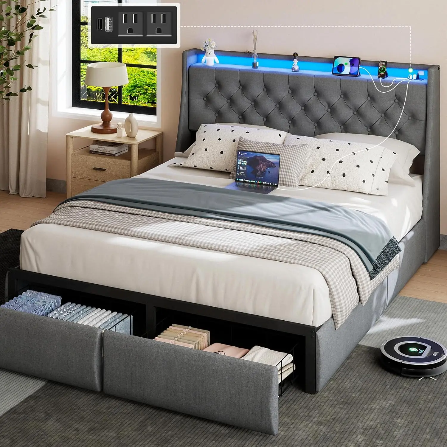 Queen Size Grey Metal Platform Bed Frame - Headboard with LED Lights & Charging Station, 2 Storage Drawers, Built-in Storage Shelf, Noise-Free, No Box Spring Needed