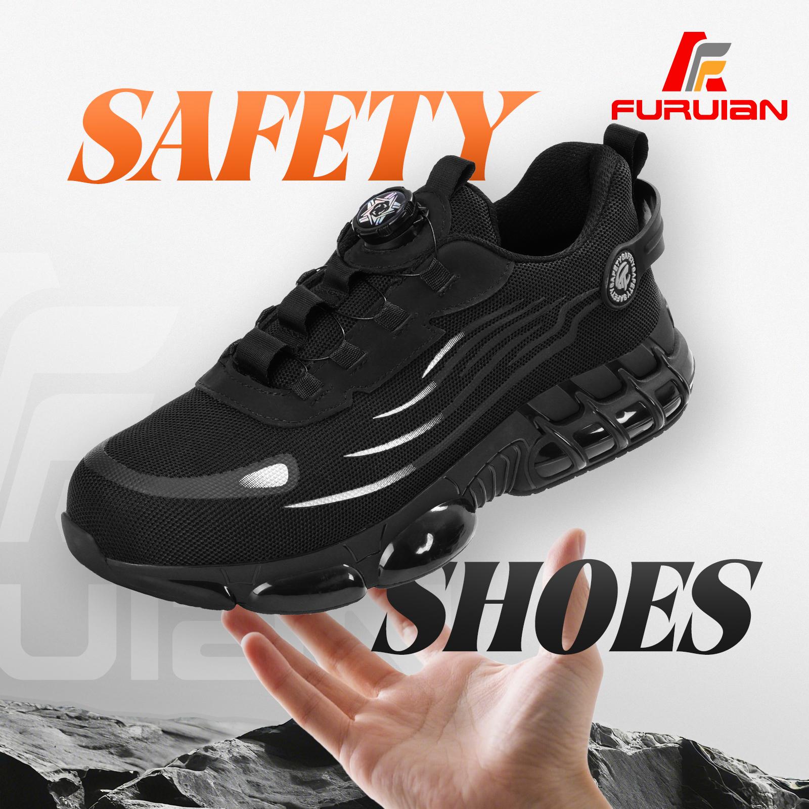 Furuian Men's Steel Toe Safety Shoes Black Air Cushion Kevlar Sole Anti-Puncture Anti-Slip Work Sneakers for Outdoor Industrial Construction