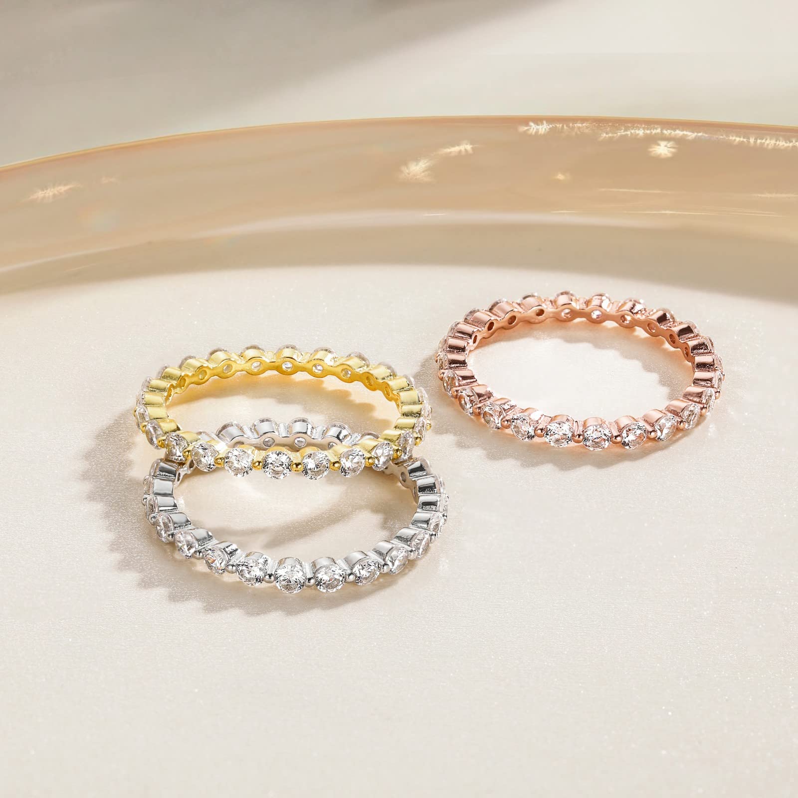 EAMTI 2mm 925 Sterling Silver Wedding Band Cubic Zirconia Full Eternity Stackable Engagement Ring