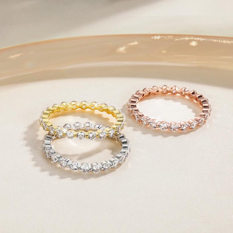 EAMTI 2mm 925 Sterling Silver Wedding Band Cubic Zirconia Full Eternity Stackable Engagement Ring