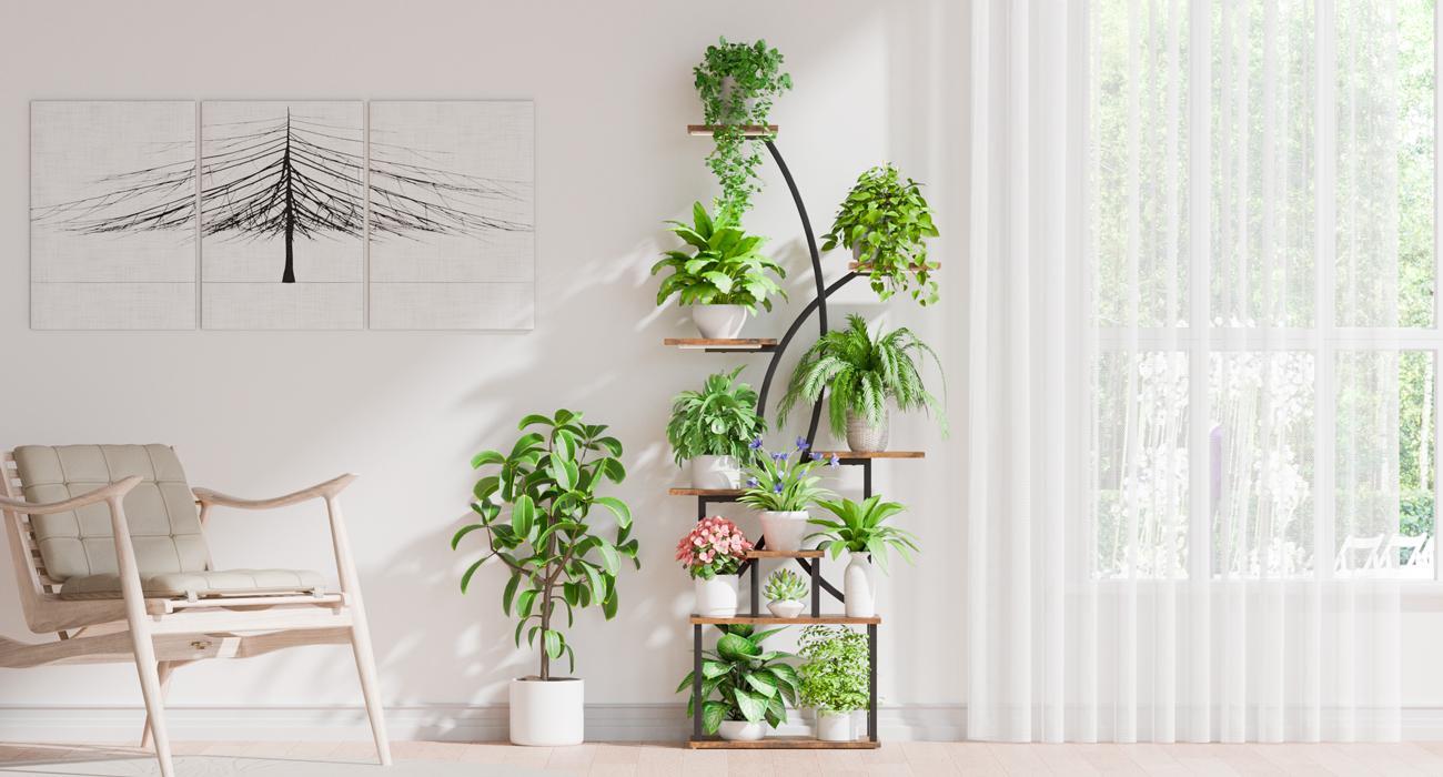 Artistic Plant Stand with Adjustable Grow Light,Baking Paint Waterproof Metal Flower Rack Organizer,Standing Storage Display Shelf, Wall Installation for Decoration