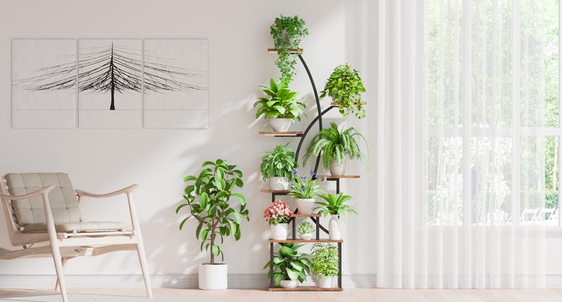 Artistic Plant Stand with Adjustable Grow Light,Baking Paint Waterproof Metal Flower Rack Organizer,Standing Storage Display Shelf, Wall Installation for Decoration