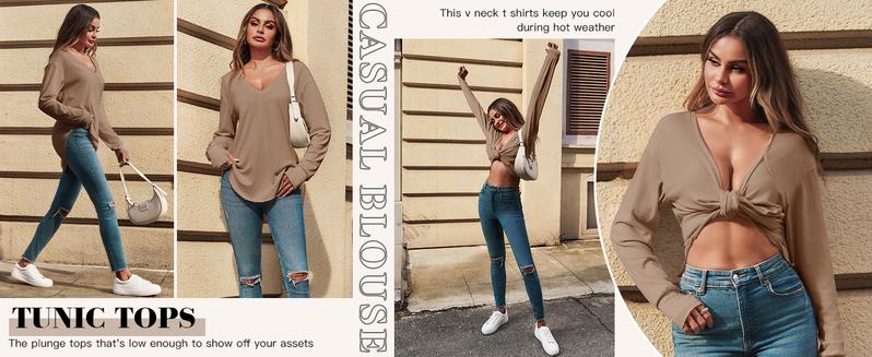 Danedvi Womens Deep V Neck Tunic Tops Long Sleeve Oversized Casual Loose Fit Curved Hem T Shirts