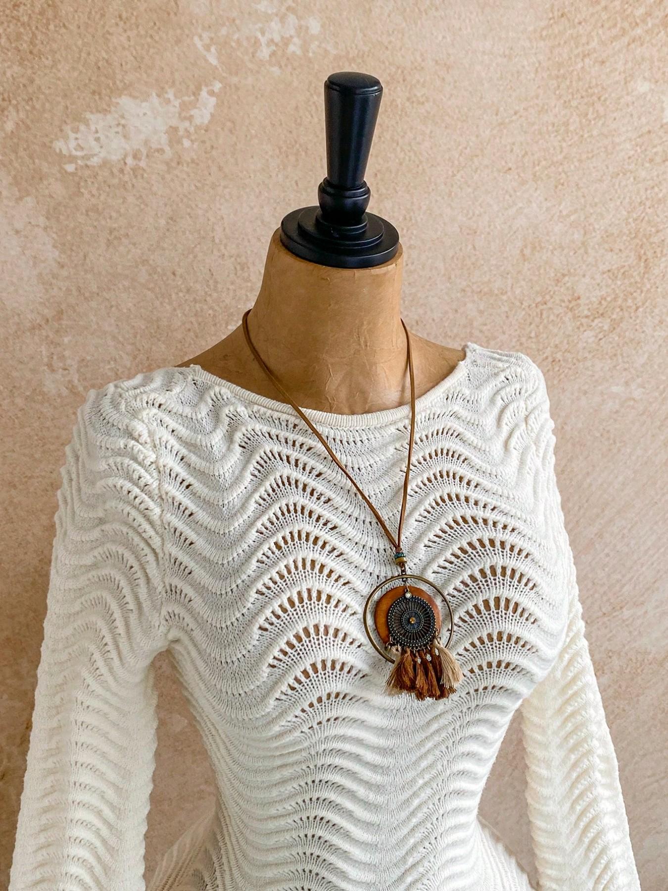 Women Boho White Crochet Knit Romper Summer Hollow Out Long Flare Sleeve Backless Tie Up One Piece Jumpsuit Beach Vacation Bohemian Bodysuit Casual See Through Knitted Playsuit