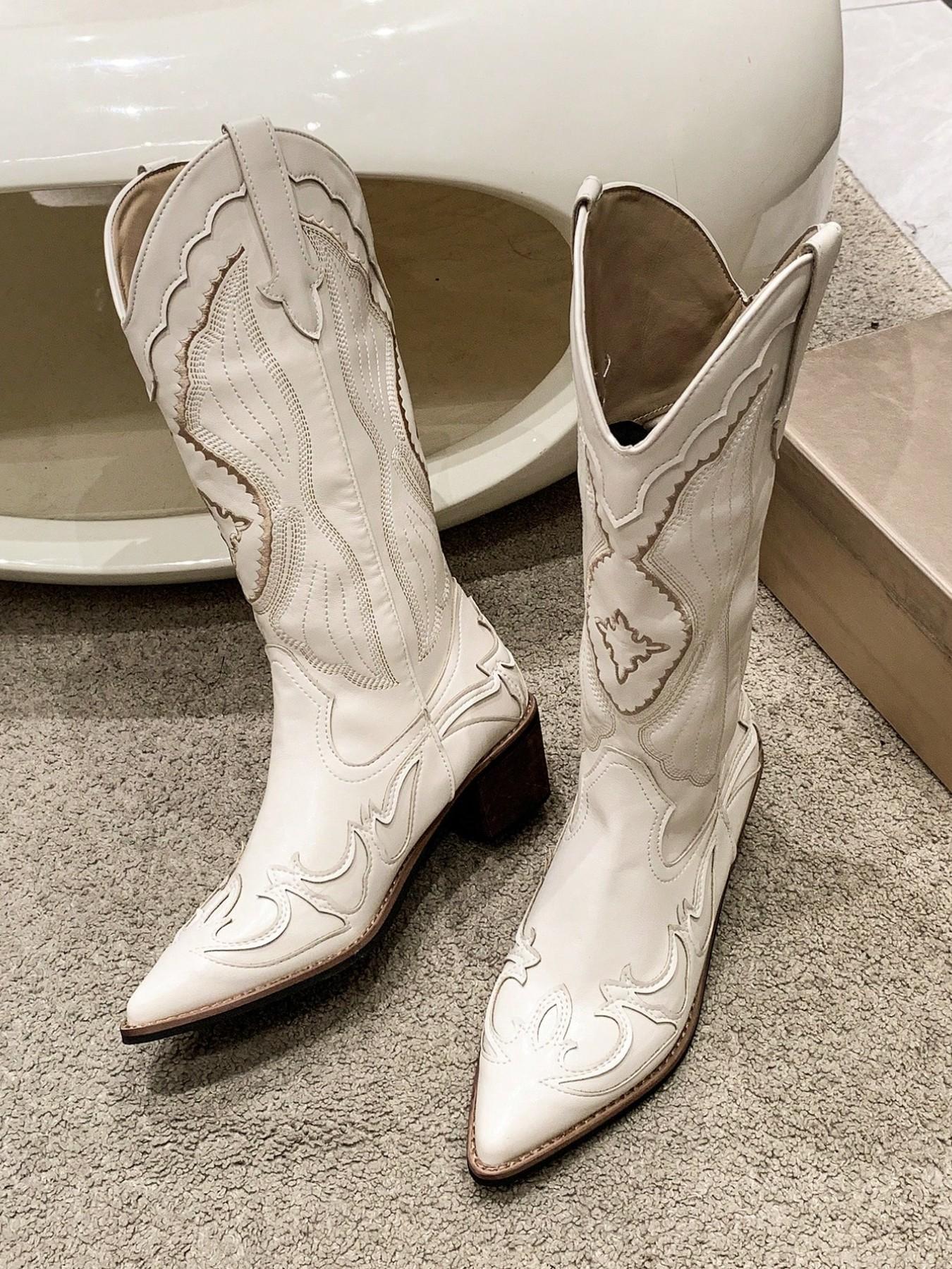 Women's Western Cowboy Boots 2026 New Pointed Toe Embroidered Tall Boot, Vintage Knight Boot, Thick Heel Mid Heel Long Boot, American V-Neck Horse Boot
