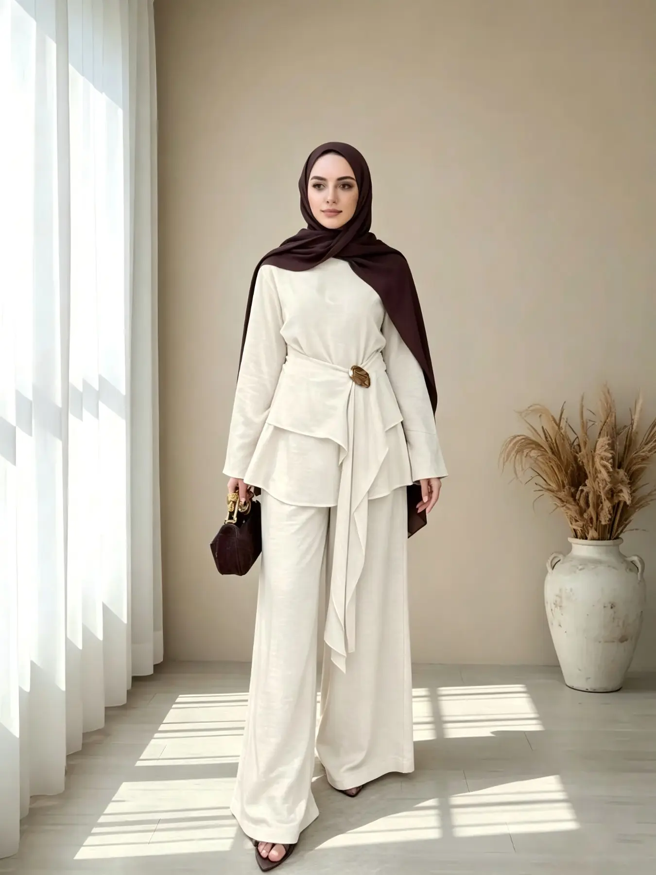 Cream Round Neck Long Sleeve Top, Asymmetrical Ruffle Hem, High Waist Wide Leg Pants Set, Metal Buckle Belt, Conservative Modest Muslim Women's Two Piece Set, Islamic Clothing Set Women