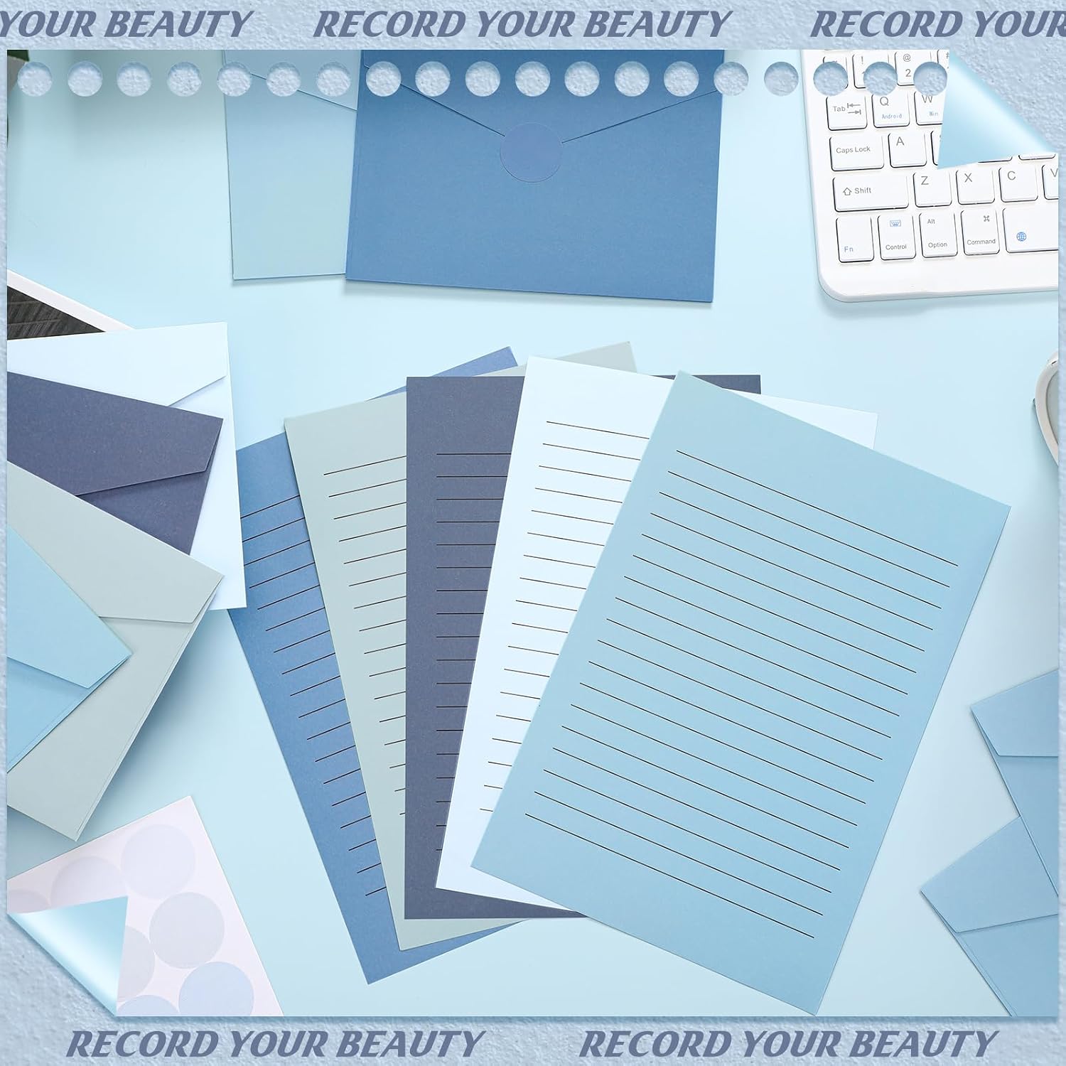 Sturdy Synthetic Lined Writing Supplies Set (100-Count) - 5.5x8.25" Letter Writing Paper (50) & Envelopes (50) for Office Use, Blue