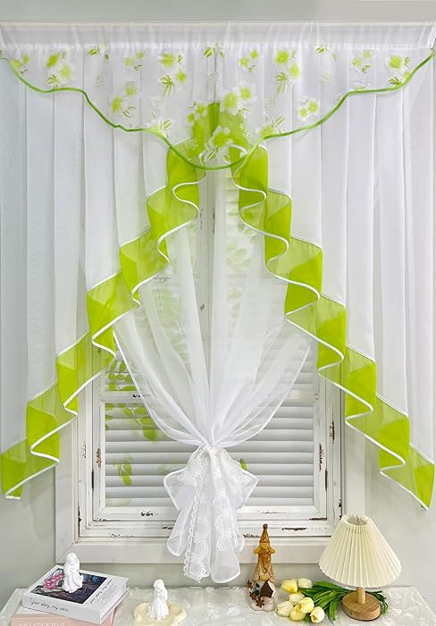 1pc Arched Sheer Curtain - White Lace Floral Print Embroidery Rod Pocket Top, for Doorways/Windows, 63in W x 39in L, One-Piece