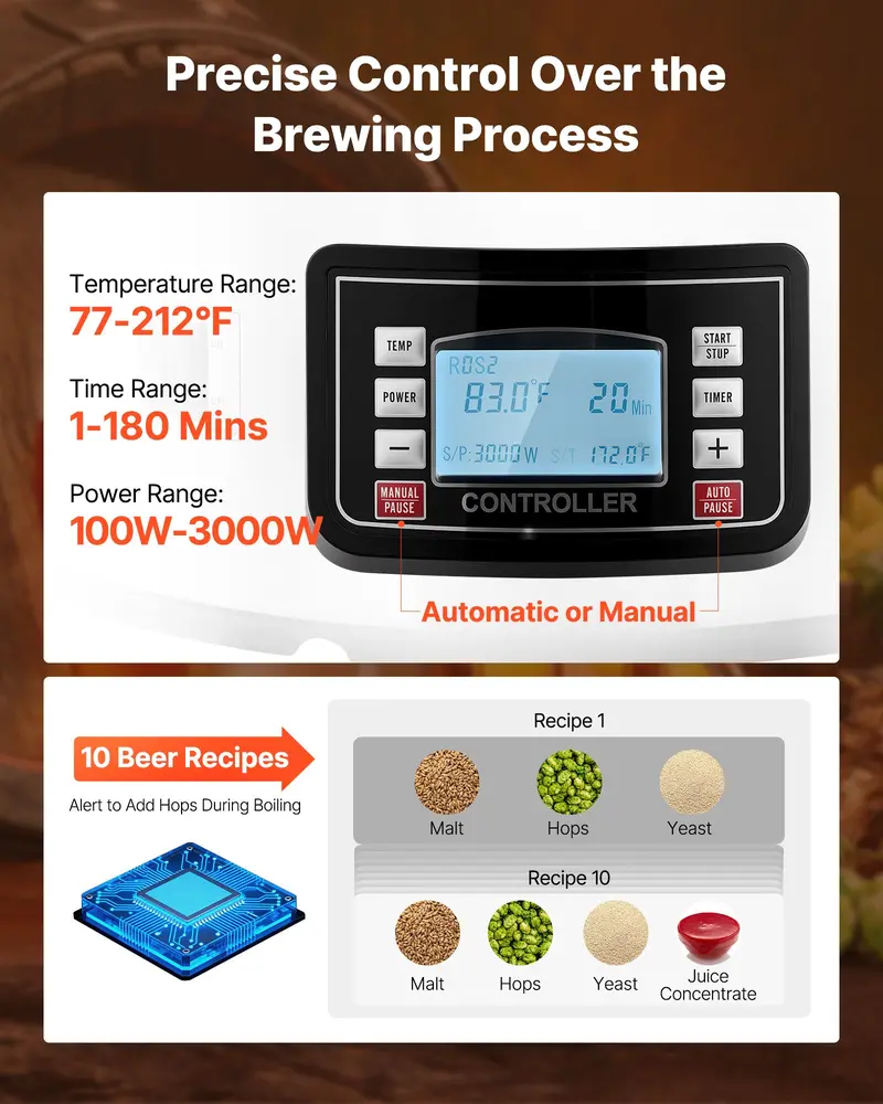VEVOR Stainless Steel Beer Brewing Equipment for Beginners, 16 Gal/60L 31.75 Lbs / 14.4 Kg Dual Insulation All-in-1 Home Beer Maker, 3000W Digital Control, Anti-Burn Pump, Wort Chiller, Recipe Memory, Timer, Removable Mesh Strainer, 16 Gal / 60 L VEVOR Stainless Steel Beer Brewing Equipment for Beginners, 16 Gal/60L 31.75 Lbs / 14.4 Kg Dual Insulation All-in-1 Home Beer Maker, 3000W Digital Control, Anti-Burn Pump, Wort Chiller, Recipe Memory, Timer, Removable Mesh Strainer, 16 Gal / 60 L