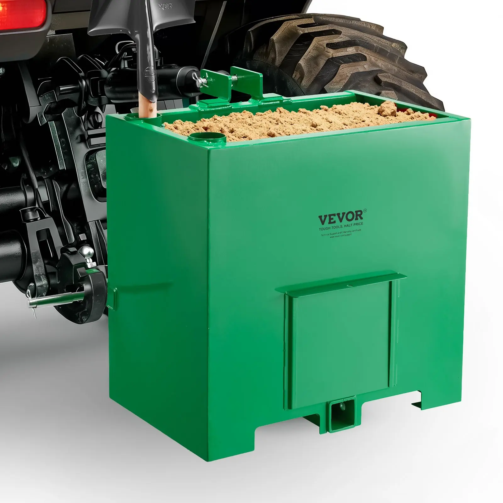 VEVOR 3-Point Category 1 Tractor Ballast Box, 800lb Capacity, 2-Inch Standard Hitch Receiver, 5 cu ft Heavy-Duty Steel Durable Loader Attachment with Sliding Door, Green