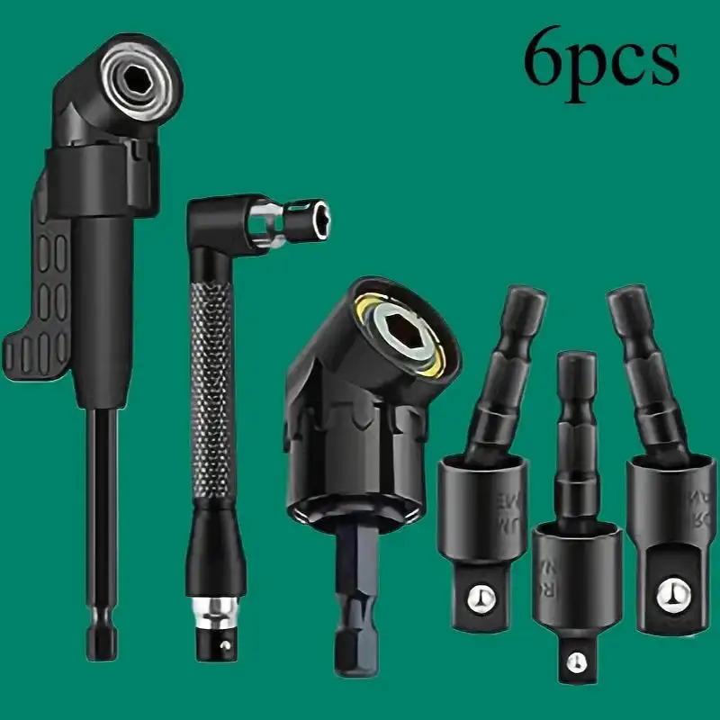 Right Angle Drill Attachment Set (6-Piece),including 3 pieces of 360-degree swiveling 1/4-inch, 3/8-inch, and 1/2-inch impact-grade socket adapters, 2 pieces of 105-degree hex shank angle adapters, and a 90-degree right angle drill bit,heavy-duty tool kit