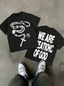 We Are Creations Of God’ Rosary Short Tee Menswear — Hot-Selling Streetwear, Casual! Double-Sided Religious Graphic Print, Navy Base, Round Neck & Oversized Fit For Urban Cool Style. Trendy Statement Top, Fashion.