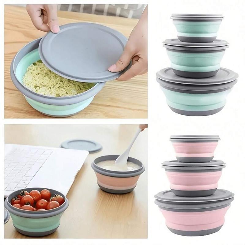 3-Piece Collapsible Silicone Bowl Set with Leak-Proof Lids, BPA-Free Stackable Food Storage Containers, Space-Saving Design, Great for Meal Preparation, Camping, Travel, Picnic and Daily Kitchen Storage