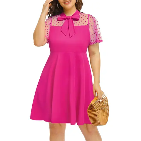 PINUP FASHION Chic Lady Women's Plus Size (14w-22w-24w) Elegant Formal A-Line Cocktail Dress - Stretchy 5% Spandex-Polyester Fabric, Contrast Mesh Short Sleeves, Bow Tie Neck, High Waist, Ideal for Workwear, Dress Birthday Events