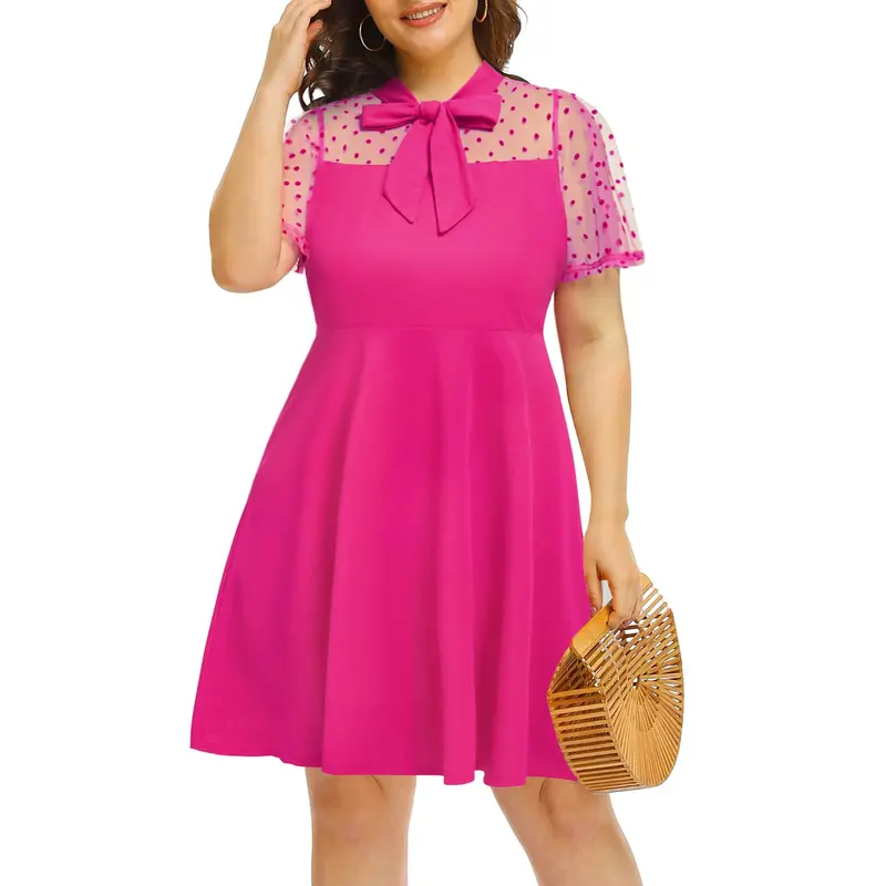 PINUP FASHION Chic Lady Women's Plus Size (14w-22w-24w) Elegant Formal A-Line Cocktail Dress - Stretchy 5% Spandex-Polyester Fabric, Contrast Mesh Short Sleeves, Bow Tie Neck, High Waist, Ideal for Workwear, Dress Birthday Events