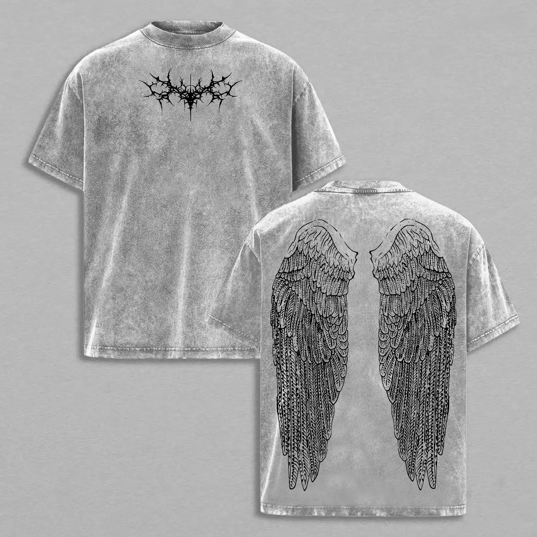 Y2K Gothic Wing Tee&Vest – Dark Oversized Vintage Hoodie |   Washed Wing Graphic T-Shirt for Grunge Streetwear & Anime-Inspired Fashion