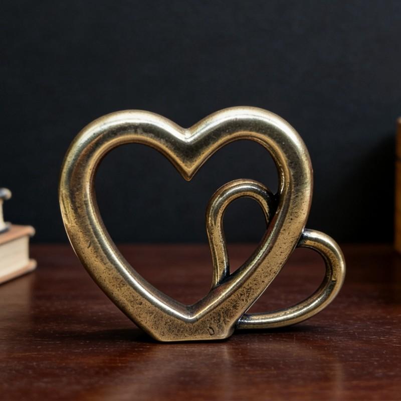 Vintage Brass Heart Fusion Ornament, European Aged Texture Heart Desktop Decor, Valentine's Day Wedding Anniversary Gift