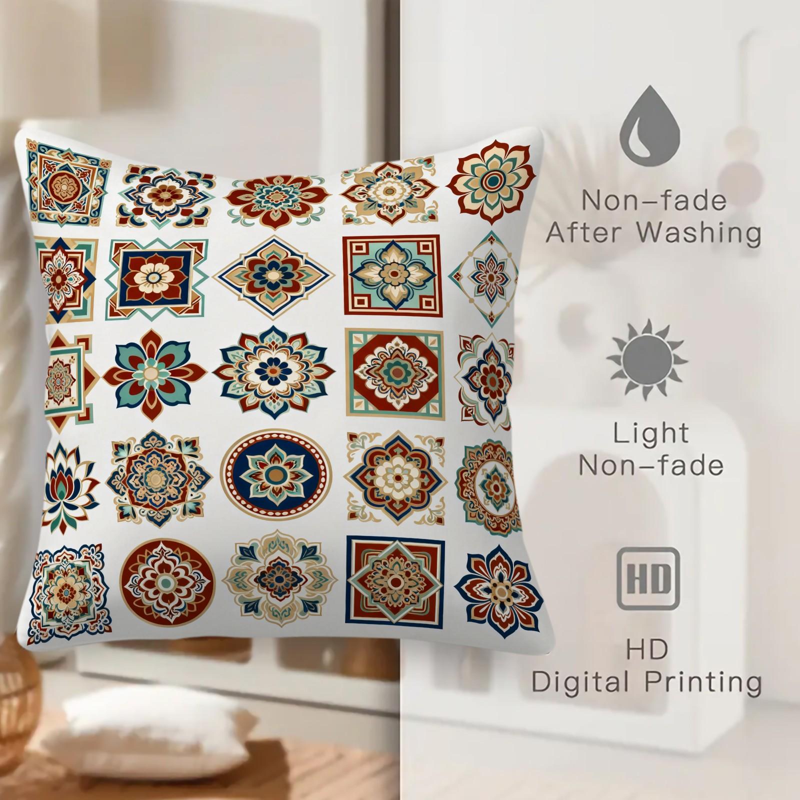 1 Pack 18×18 Inch Boho Mandala Throw Pillow, Vintage Floral Accent Cushion, HD Digital Print Decorative Pillow, Non-Fade Home Decor Pillow for Sofa, Bed, Living Room, Bedroom