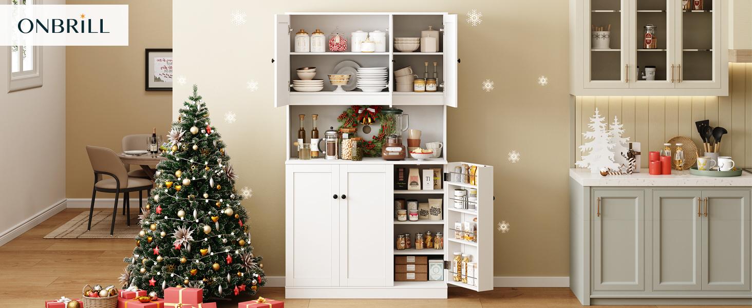 【SPOTLIGHT DAY】ONBRILL 71" Tall Kitchen Pantry Storage Cabinet with Microwave Stand & Door Shelf, Freestanding Kitchen Hutch with 6 Doors and Adjustable Shelves, Modern Food Pantry for Kitchen, Dining Room