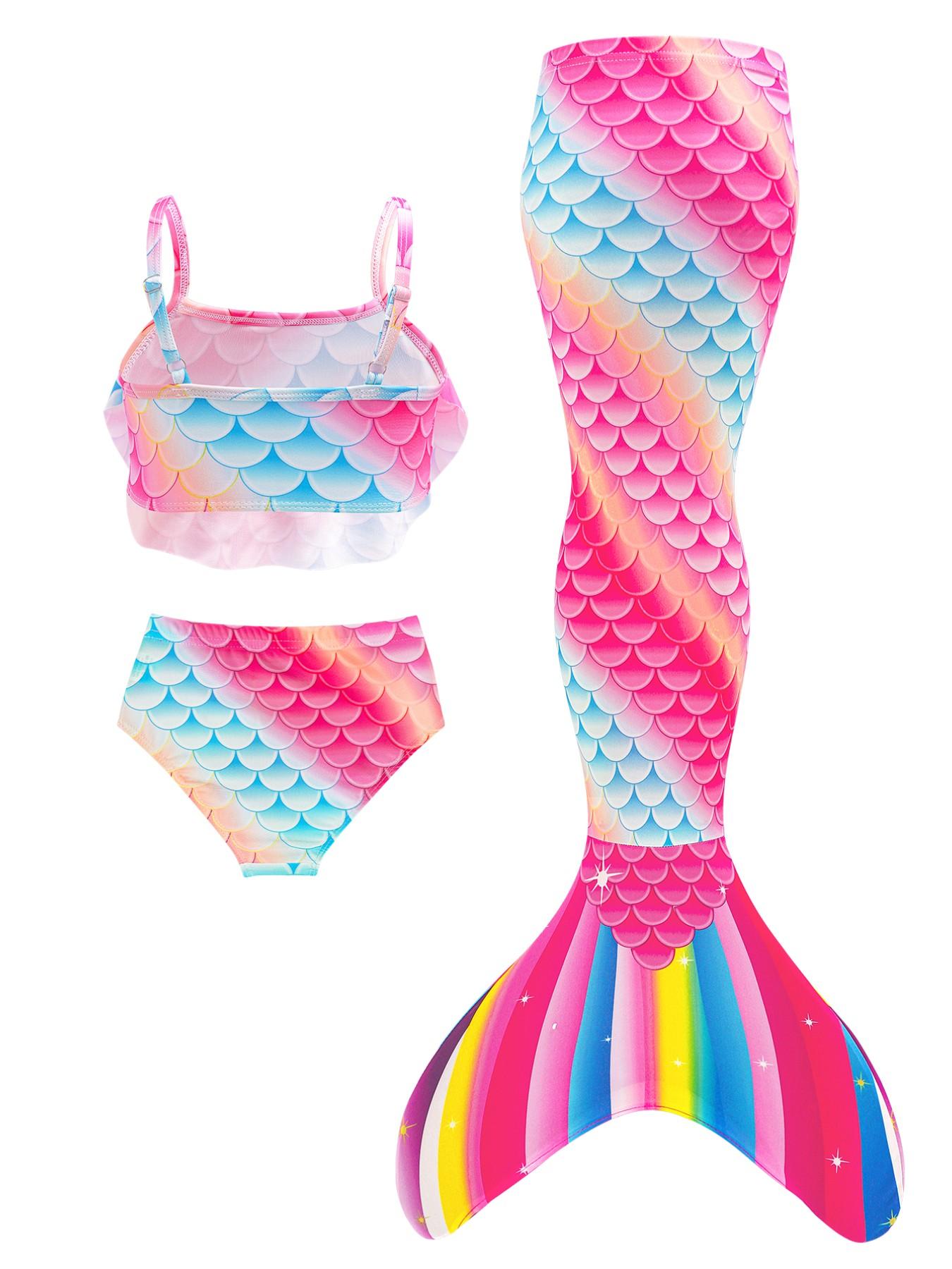 Girls Mermaid Tail Bikini Swimsuit Sets, Rainbow Beach Bathing Suit, 3 Piece Princess Performance Cosplay Costume Sets, Swimwear Sets