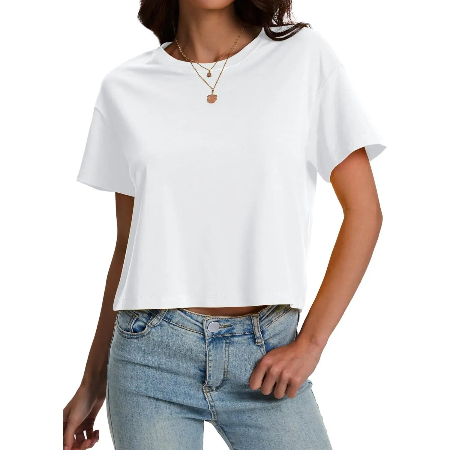 Women's Cotton Cropped Boxy T-Shirt Loose Fit Short Sleeve Crew Neck UPF50+ Plain Casual Summer Soft Breathable Workout TopGift