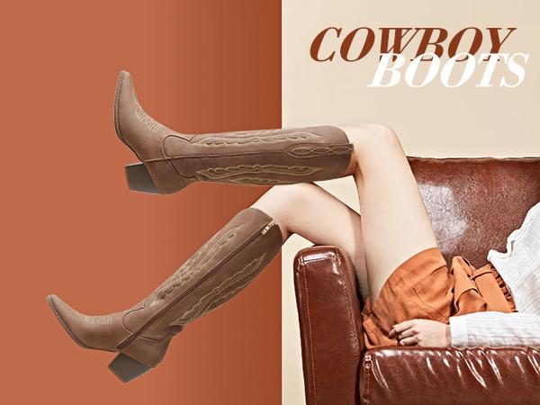 Maiqi Cowboy Boots for Women Knee High Western Boots Pointed Toe Side Zipper Chunky Heel Cowgirl Boots Retro Fashion Comfortable Walking Shoes