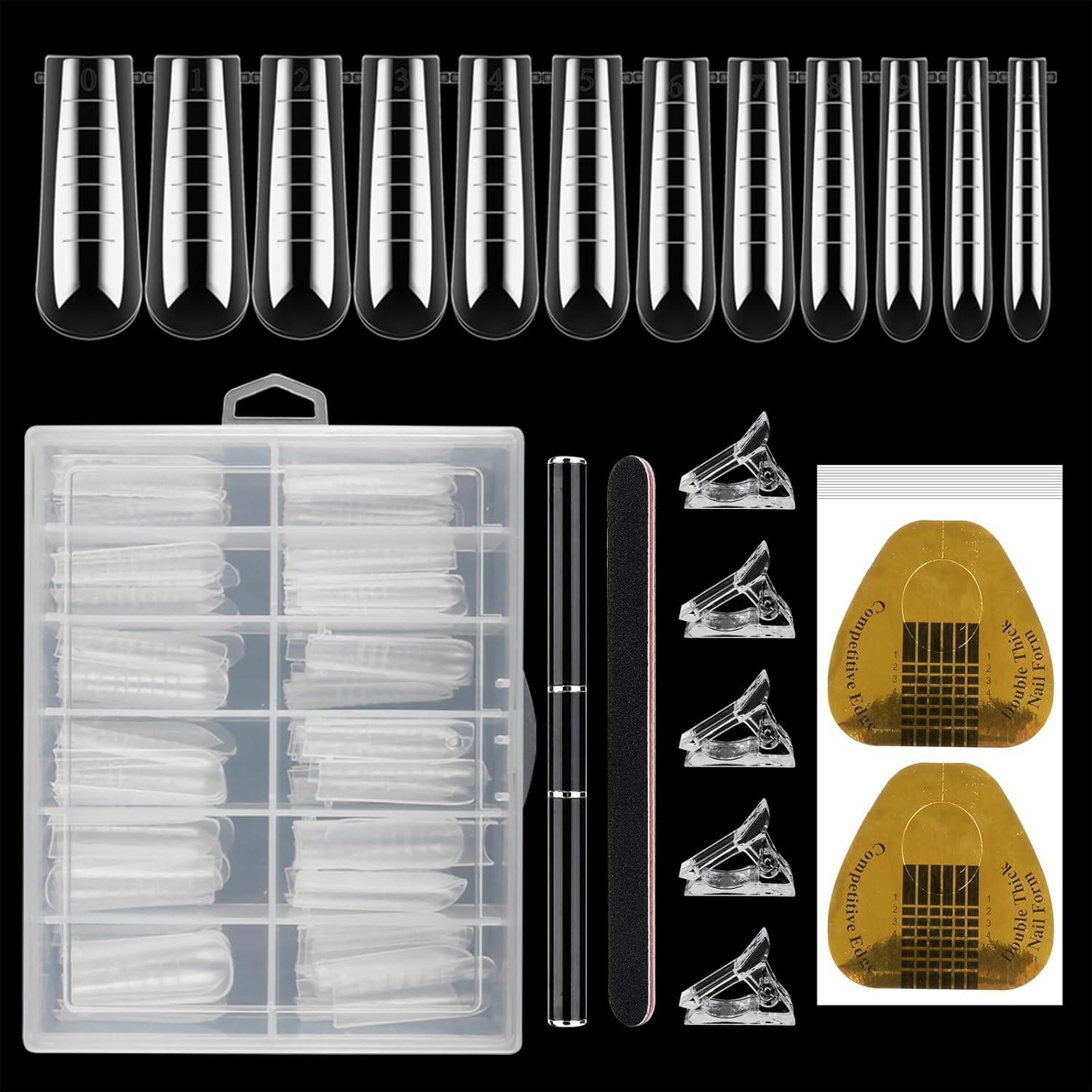 Nail Extension Mold Kit with Scale Nail Tips, Crystal Clips, Square Nail Forms, UV Gel Brush, Cuticle Pusher, Nail File, DIY & Salon Use