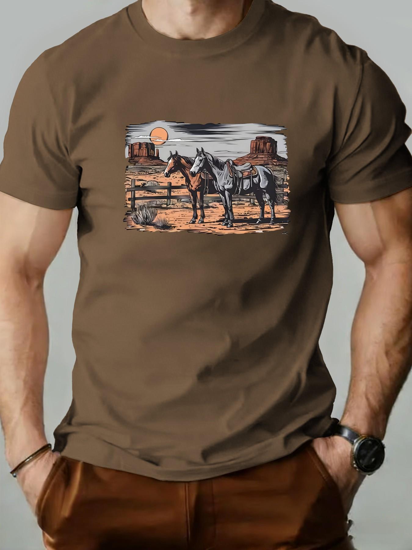 Men's Round Neck T-Shirt, Retro Western Desert Animal Geometric Print, Slim-Fit Casual Short Sleeve, Perfect for Daily Wear and Gifts