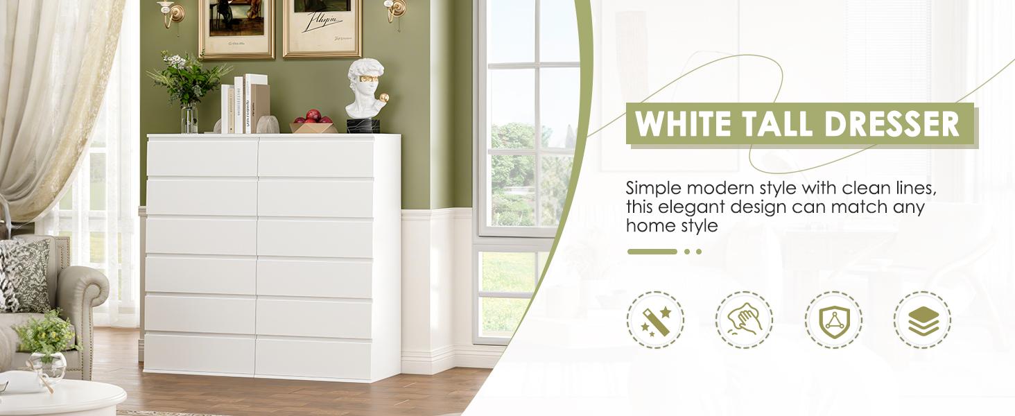 White Dresser, 6 Drawer Dresser, Modern Tall Floor Storage Cabinet with Metal Sliding Rail, Wooden Handleless Drawer Cabinet, 6-Layer Large Capacity Vertical Dressers for Home & Office