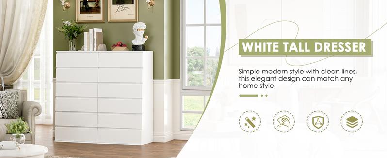 White Dresser, 6 Drawer Dresser, Modern Tall Floor Storage Cabinet with Metal Sliding Rail, Wooden Handleless Drawer Cabinet, 6-Layer Large Capacity Vertical Dressers for Home & Office White Dresser, 6 Drawer Dresser, Modern Tall Floor Storage Cabinet with Metal Sliding Rail, Wooden Handleless Drawer Cabinet, 6-Layer Large Capacity Vertical Dressers for Home & Office