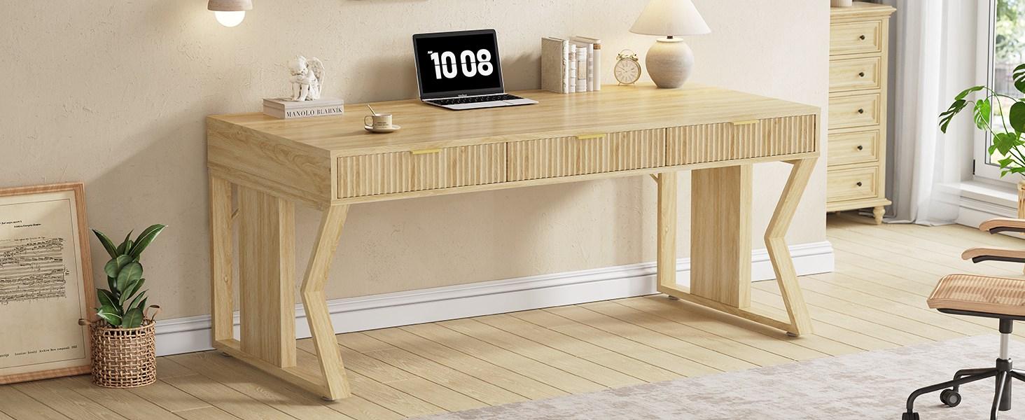 SEDETA 55" Executive Office Desk with 3 Drawers, Home Office Desk with Storage Drawers, Computer Writing Desk Study Table, Natural Oak