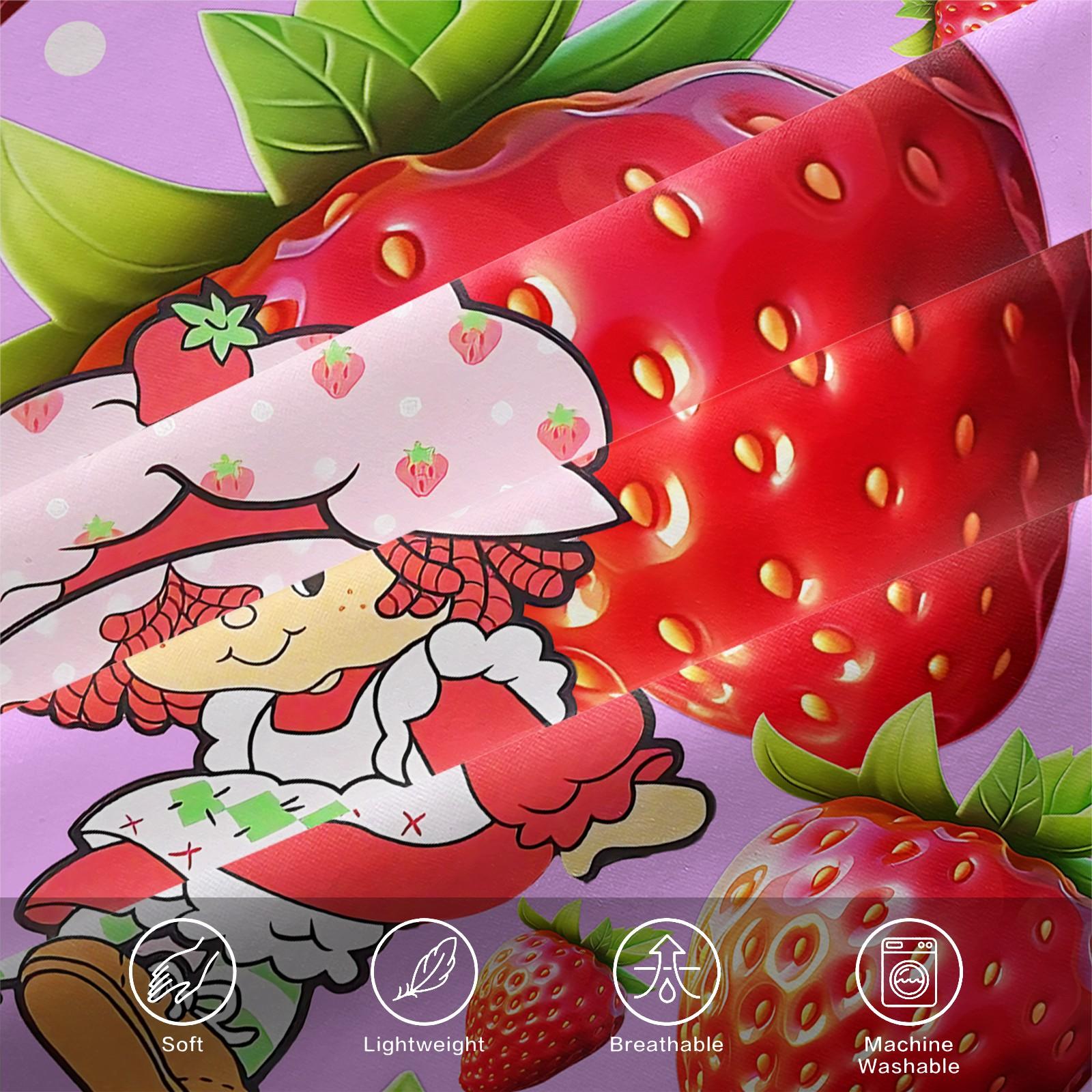 Anime Strawberry Girl Fitted Sheet Set, 1 Fitted Sheet + 2 Pillowcases - 3 Pcs Soft Breathable Bedding with Deep Pocket, 360° All-Round Wrap, Wrinkle Resistant, Cute Strawberry & Cat Cartoon Bed Sheets for Girls, Full Size