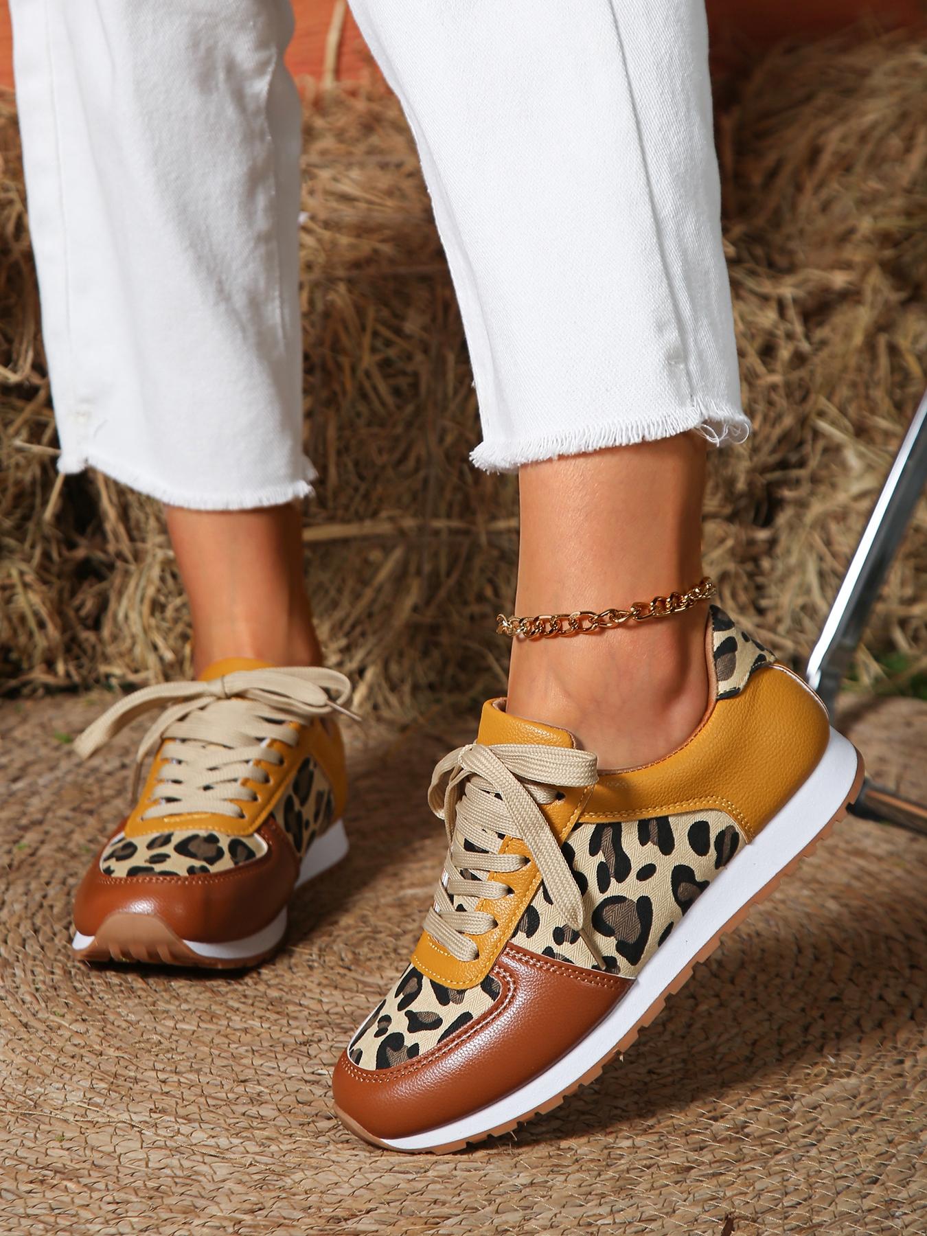 Women's Fashion Leopard Print Lace Up Low Top Sneakers, Casual Breathable Comfortable Sports Shoes, Female All-match Round Toe Shoes for Daily Wear