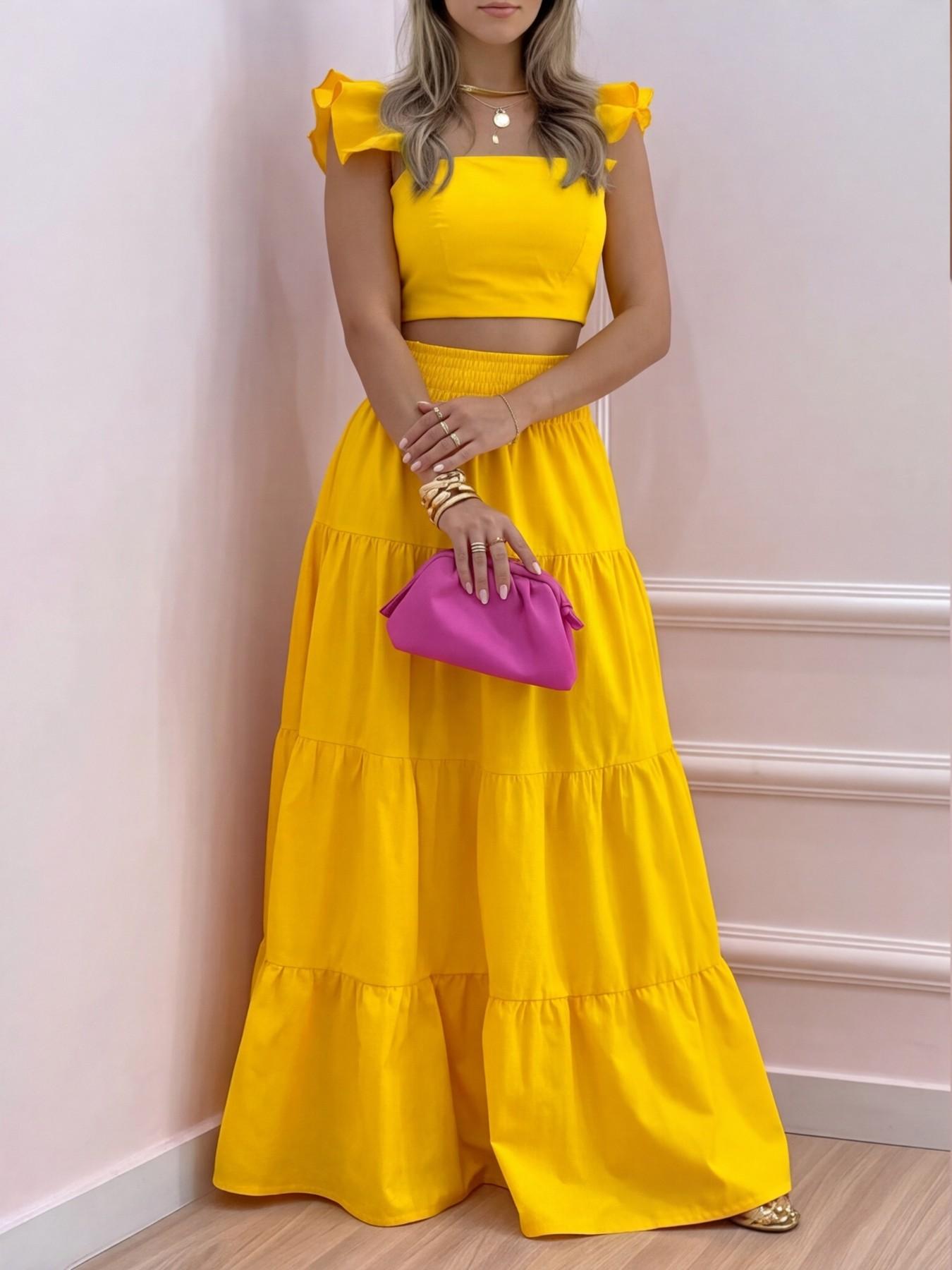 Sexy Vacation, Perfect for Daily Wear, Party Dress, Sleeveless Strap Top Ruffles Skirt Set, Elegant, Chic and Stylish, Ideal for Special Occasions