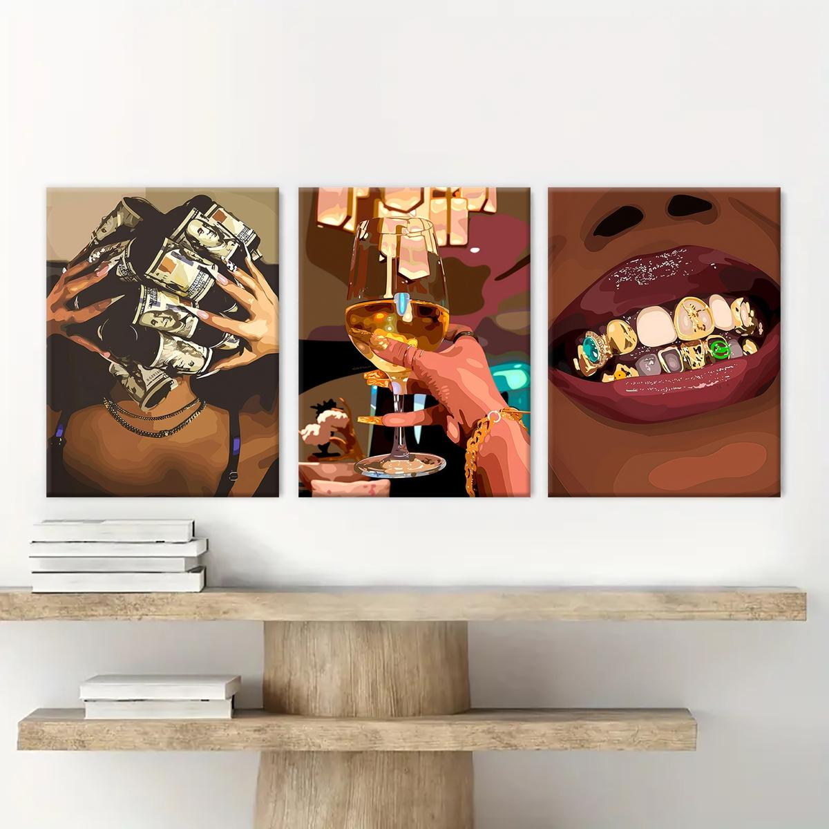 3 count wooden frame canvas, luxury female figure poster, Fashion female decorative art, exquisite mural, fashion bedroom decoration, Modern home Decoration, living room and corridor wall Decoration, HD, waterproof, art