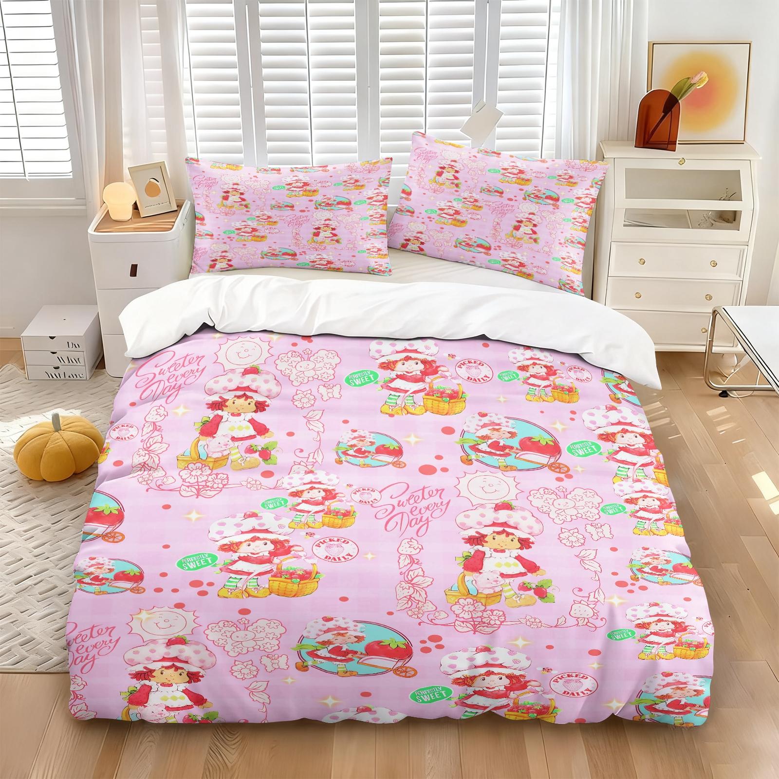 Vintage Strawberry Girl Cartoon 3-Piece Duvet Cover Set, Ultra-Soft Microfiber Bedding with 2 Pillowcases, Cute Kawaii Style Bedding for Kids Girls Bedroom Dorm Decor