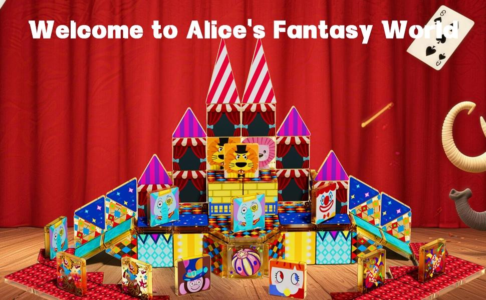 【New Sticker Set】60PCS,1.48inch Creative Sticker Magnetic Tiles,Circus Series，Magnet Building Blocks Cubes Construction Stacking Educational Assembly Toy Preschool STEM Play Creative Playboard for Toddler Kids Ages 3+,Kids Toys best gift