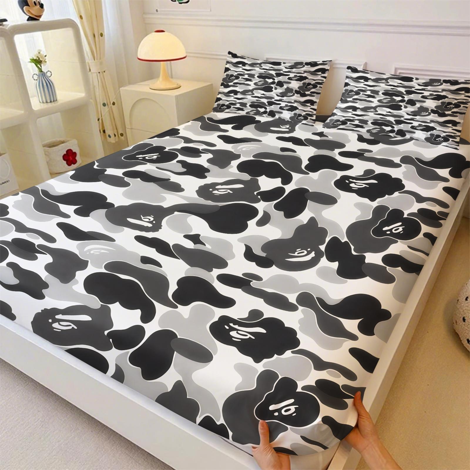 Black-White Camouflage Fitted Sheet Set & 2 Pillowcases No Core, Low-Saturation Camo & Iconic Ape Head Logo, Soft Anti-Slip Wrinkle Resistant, Industrial Hip Hop Style Bedroom Decor, Gift for Fans