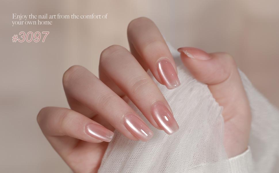 GAOY Moonlight Veil Icy Glass Cat Eye Gel Nail Polish with Magnet, Moonlight & Sheer Nude Shades, Satin Finish with Gemstone Holography, Pink Nude for Wedding, Nail Art Designs