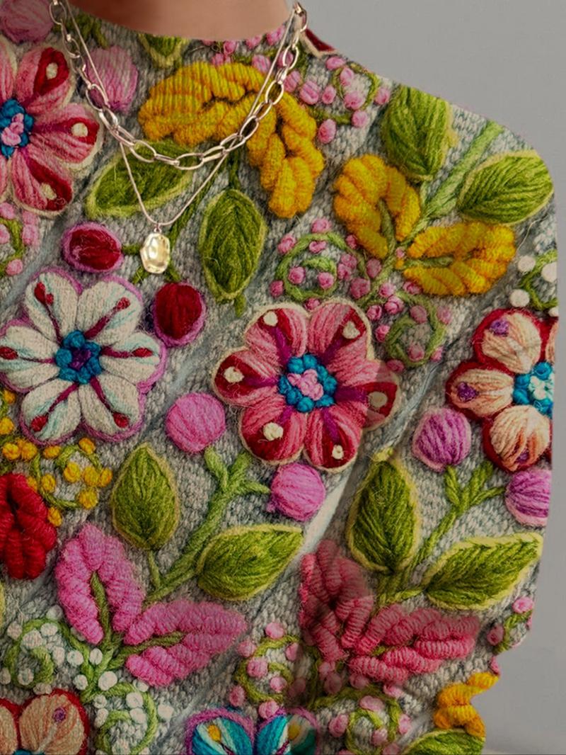 Women's Floral Knit Sweater Knitwear, Stand Collar Colorblock Embroidery Print, Casual Elegant Commuter Wear, Spring Fall Winter Fashion
