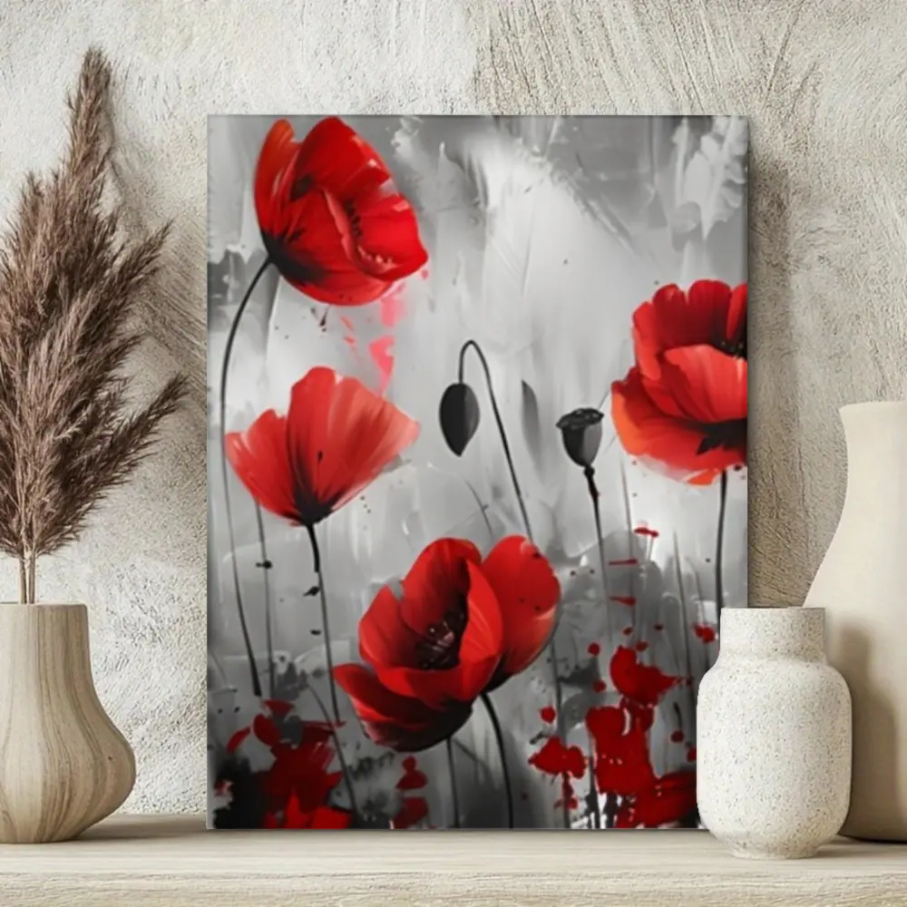Modern Abstract, Canvas Wall Art, Vibrant Red Poppies On Grey Background, High Definition Giclee Print, Living Room Bedroom Home Decor, 1 Piece Unframed
