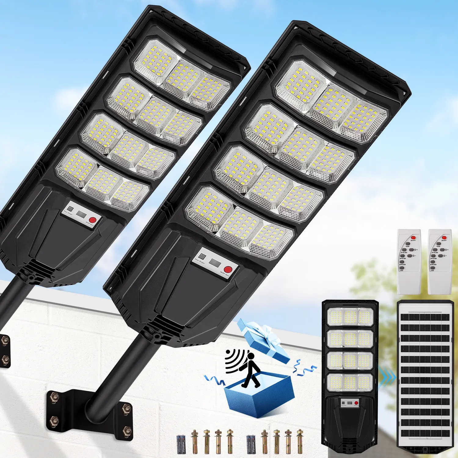Solar Outdoor Lights, 1-Pack/2-Pack IP65 Waterproof Security Flood Light with 288 LED Beads, 6500K, 4000mAh Battery, Dusk-to-Dawn Motion Sensor, Remote Control for Yard, Commercial Parking Lot