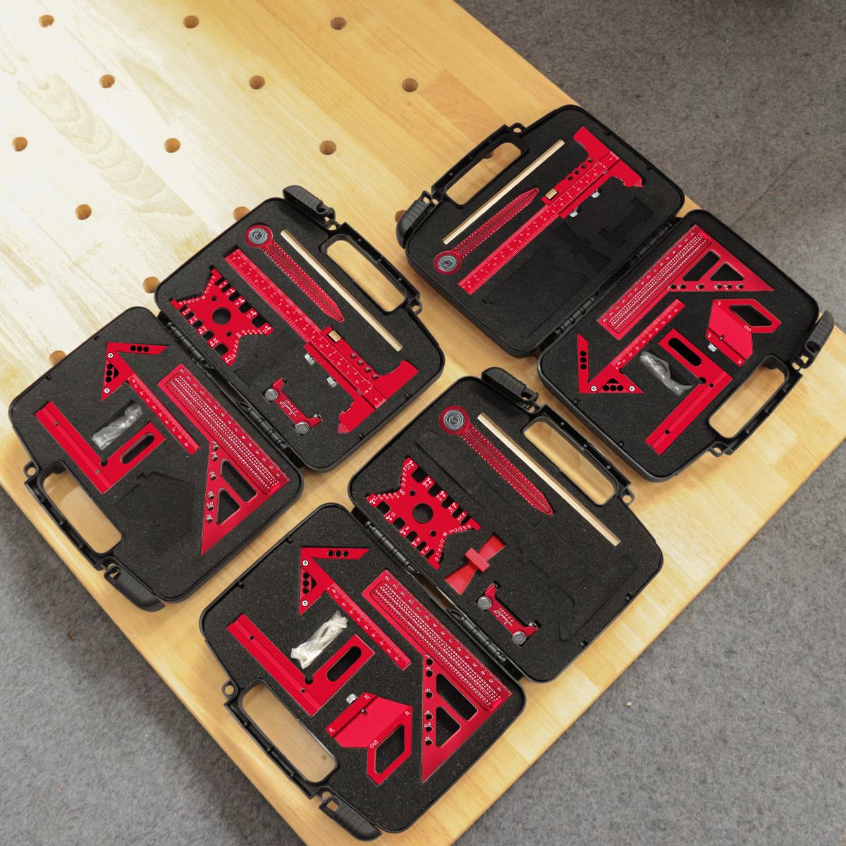 6/7/8Pcs Woodworking Square Kit with Box, Precision Carpenter Quick Splicing Planning and Layout Tools, Aluminum Scribeing Ruler, Center Finder, Circular Drawing Compass, Honing Guide, Height Gauge, Measuring Ruler