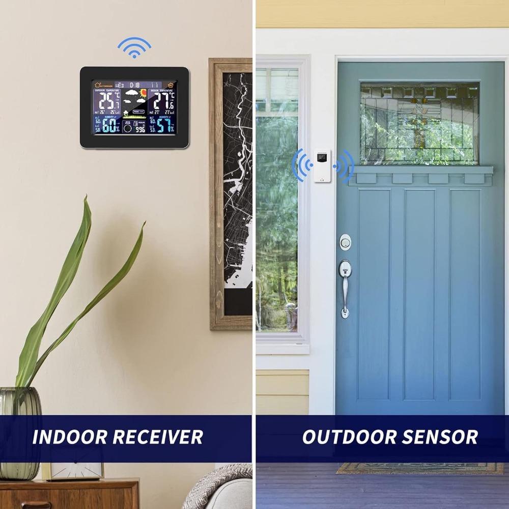 Multi-Function Wireless Weather Station with Color Display, Indoor Outdoor Lcd Thermometer Hygrometer, Alarm Clock, Weather Forecast, Barometer, Moon Phase and Environmental Monitor for Home.