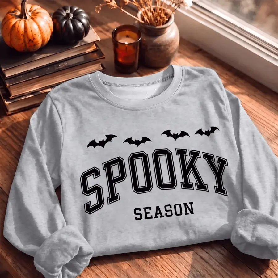 Printed Spooky Season Sweatshirt, Halloween Bat Crewneck